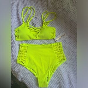 Flattering TiniBikini Strappy High Rise Bikini Neon Yellow Size Small NWT